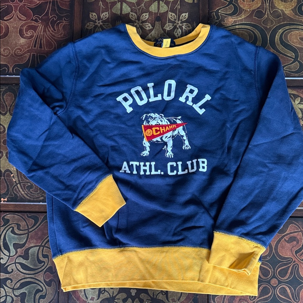 Polo by Ralph Lauren Navy Sweatshirt with Yellow Trim and Athletic Graphic